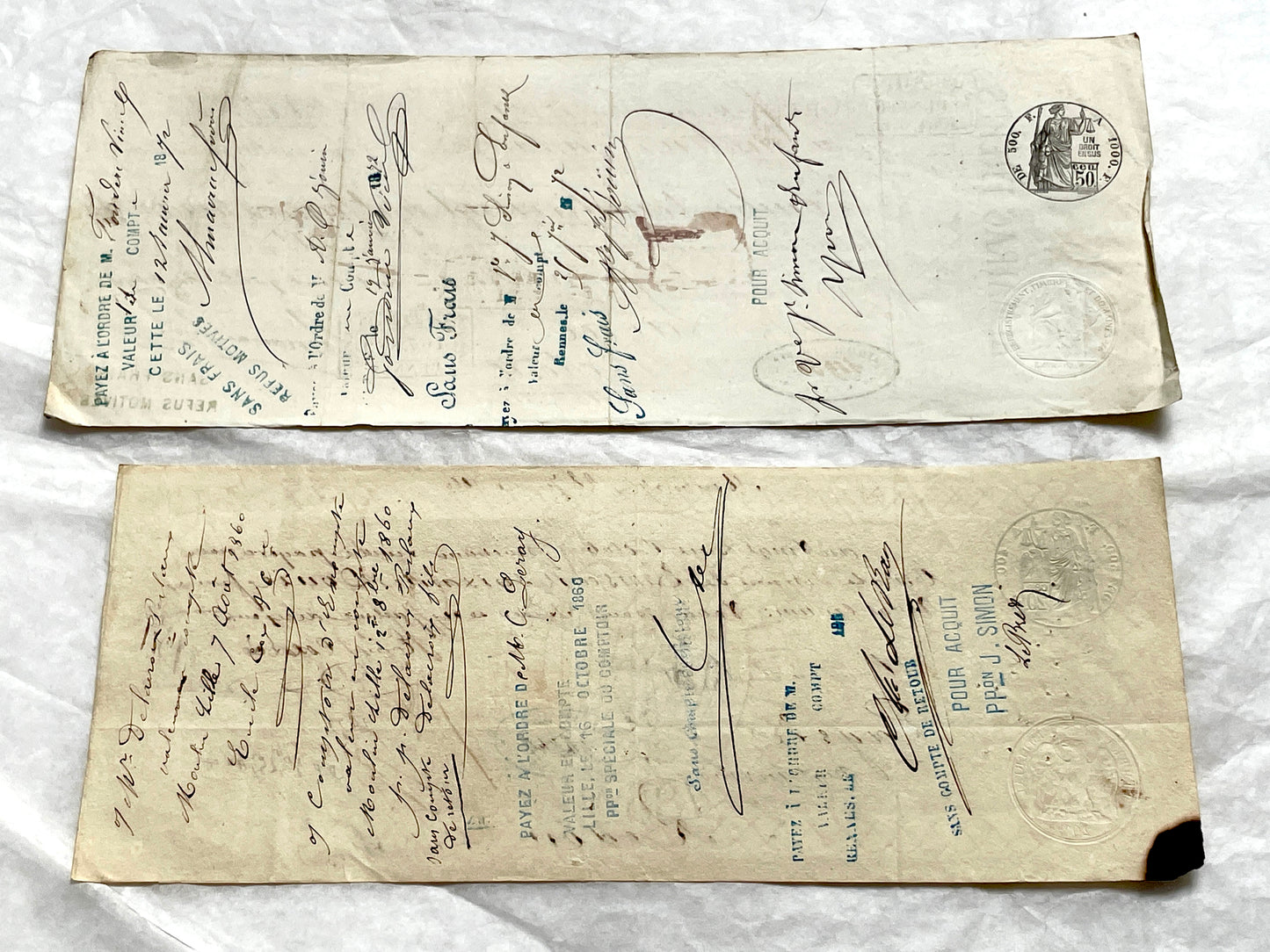 Set of 6 Mid 19th Century French exchange letters with handwritten script, official stamps, and financial details.