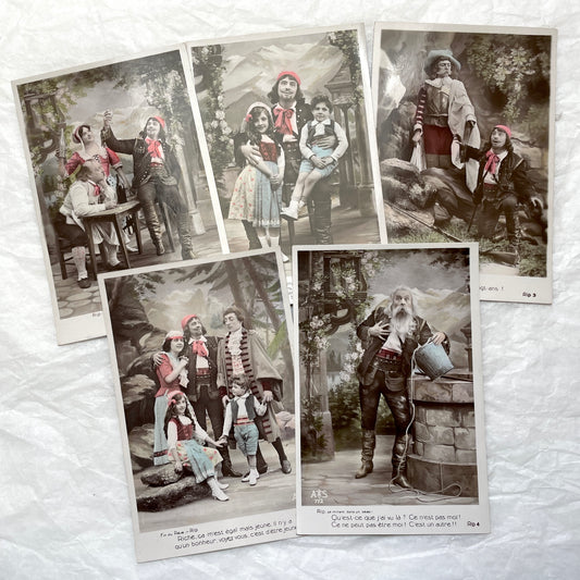 1900s - 5 Antique Hand-Colored Postcards - Five Rip Van Winkle Theatrical Scenes - Vintage French Literature Ephemera Collectible