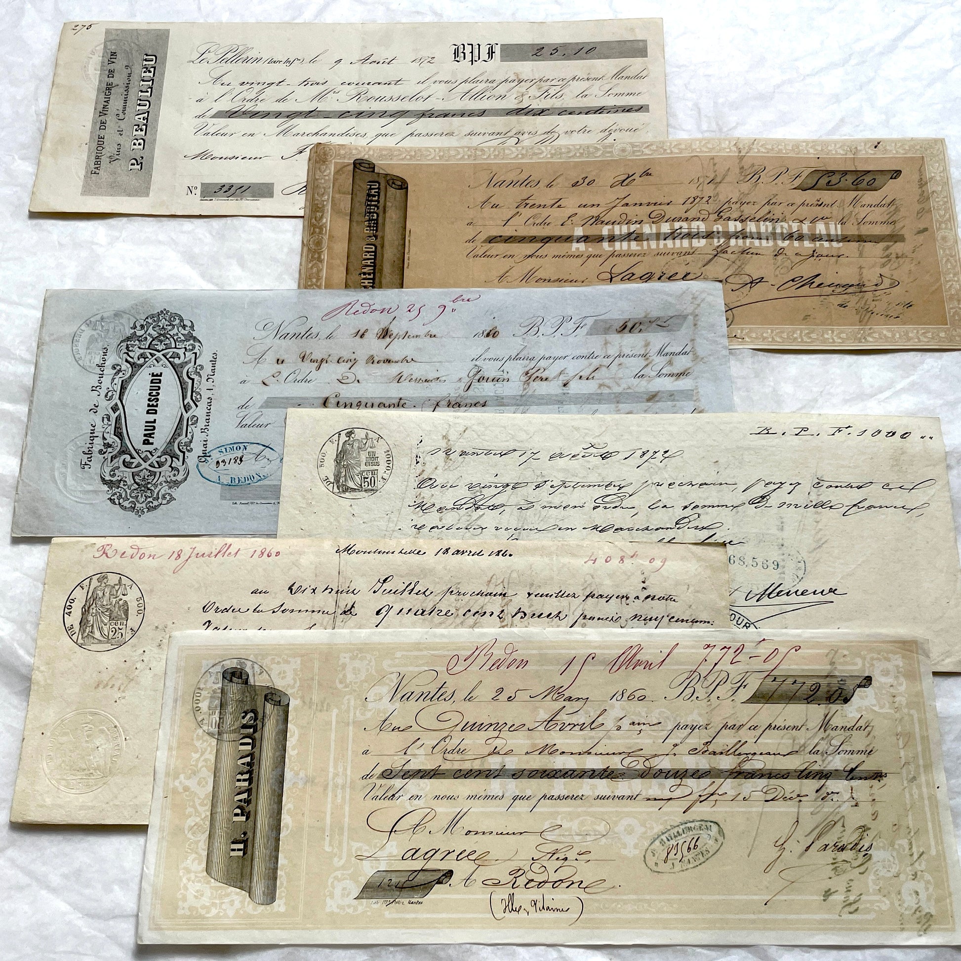 Late 19th century French exchange letters set with handwritten script and old stamps on vintage paper. Historical documents.