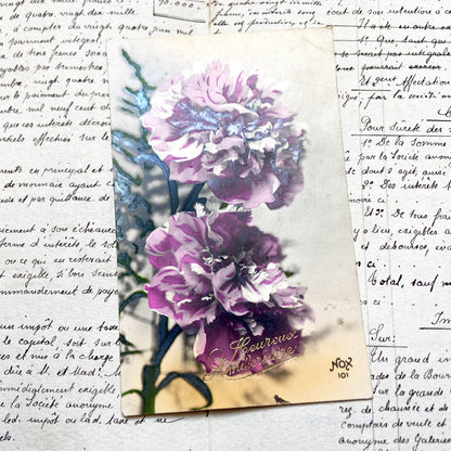 1910s - Vintage French Postcard -  Gold Heureux Anniversaire Carnations - Antique Floral Collectible Document