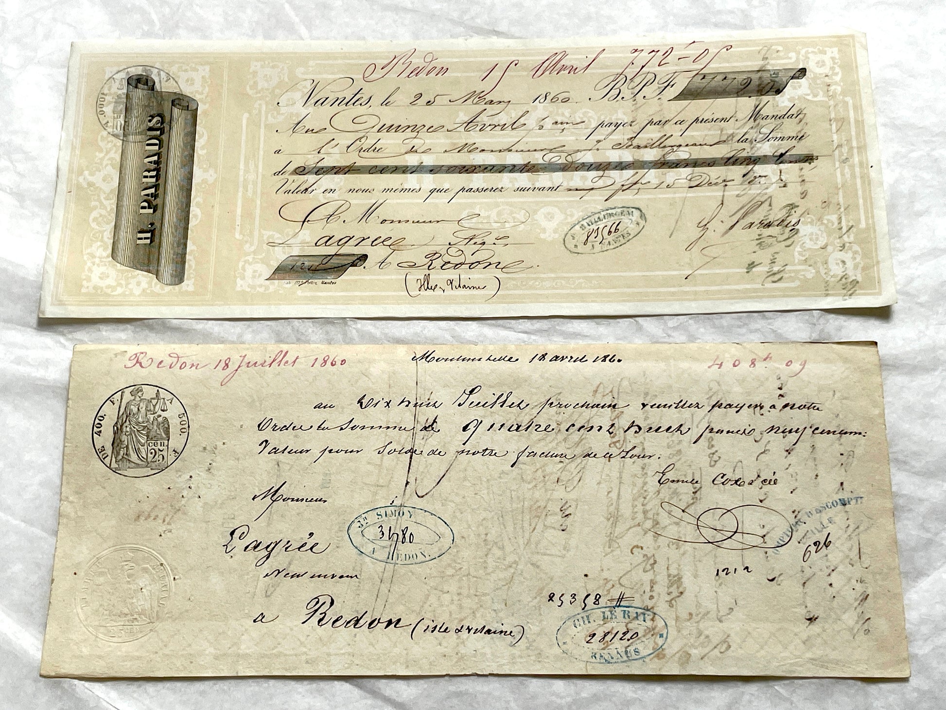 Late 19th century French exchange letters set with handwritten script and old stamps on vintage paper. Historical documents.
