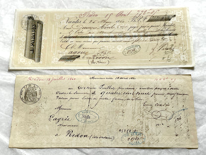Late 19th century French exchange letters set with handwritten script and old stamps on vintage paper. Historical documents.