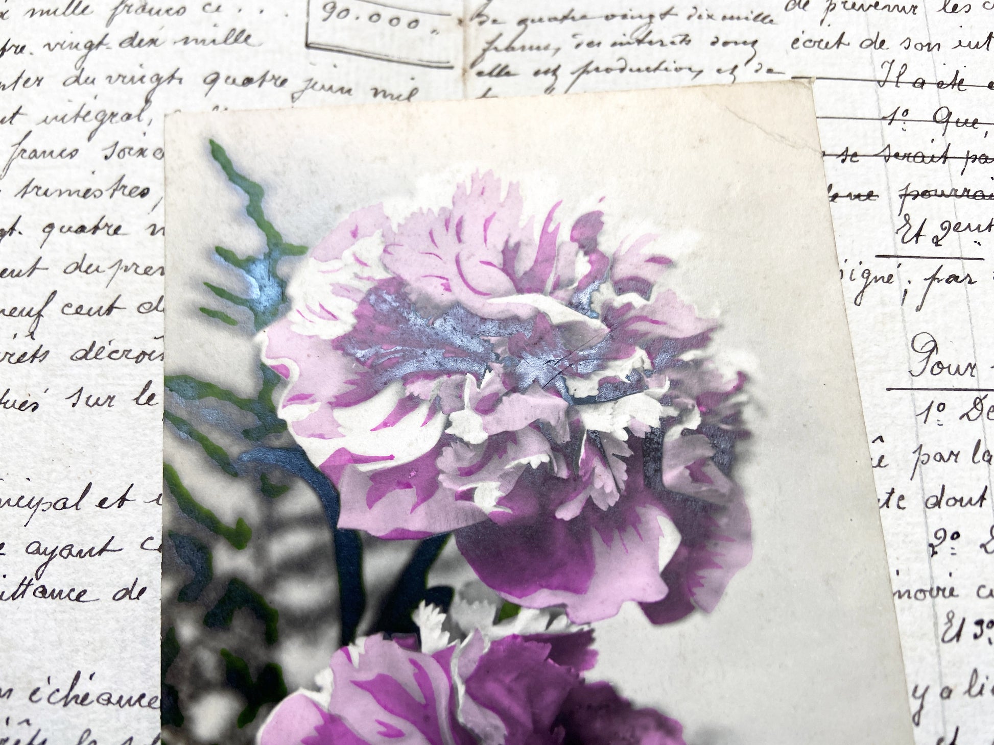 1910s - Vintage French Postcard -  Gold Heureux Anniversaire Carnations - Antique Floral Collectible Document