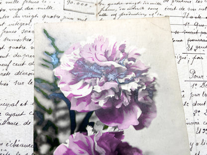 1910s - Vintage French Postcard -  Gold Heureux Anniversaire Carnations - Antique Floral Collectible Document