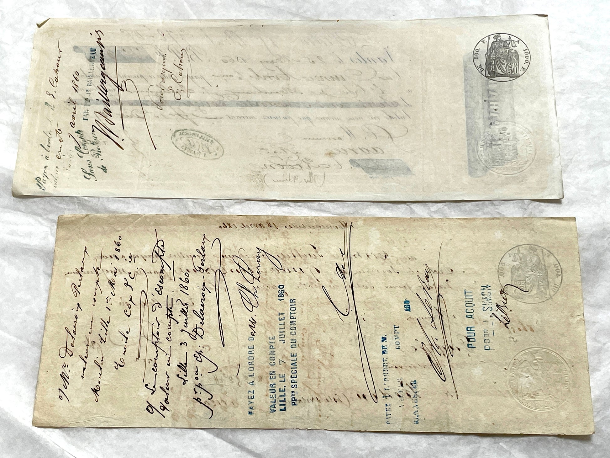 Late 19th century French exchange letters set with handwritten script and old stamps on vintage paper. Historical documents.