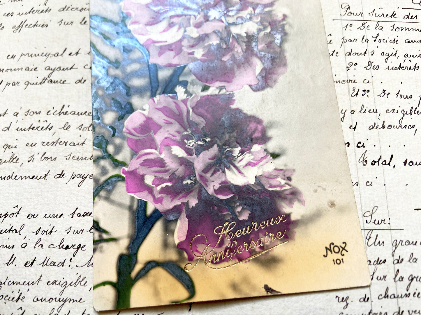 1910s - Vintage French Postcard -  Gold Heureux Anniversaire Carnations - Antique Floral Collectible Document