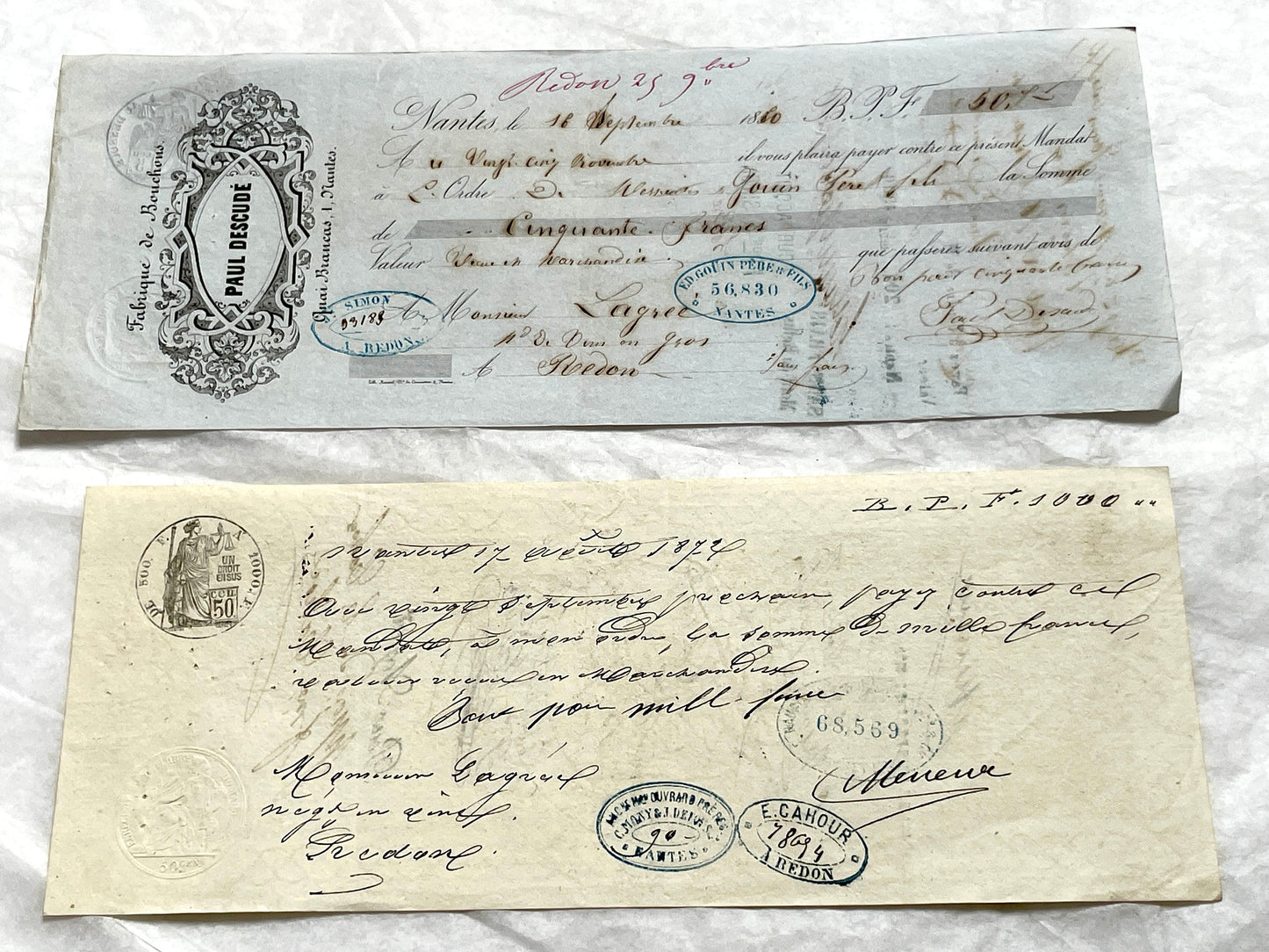 Late 19th century French exchange letters set with handwritten script and old stamps on vintage paper. Historical documents.