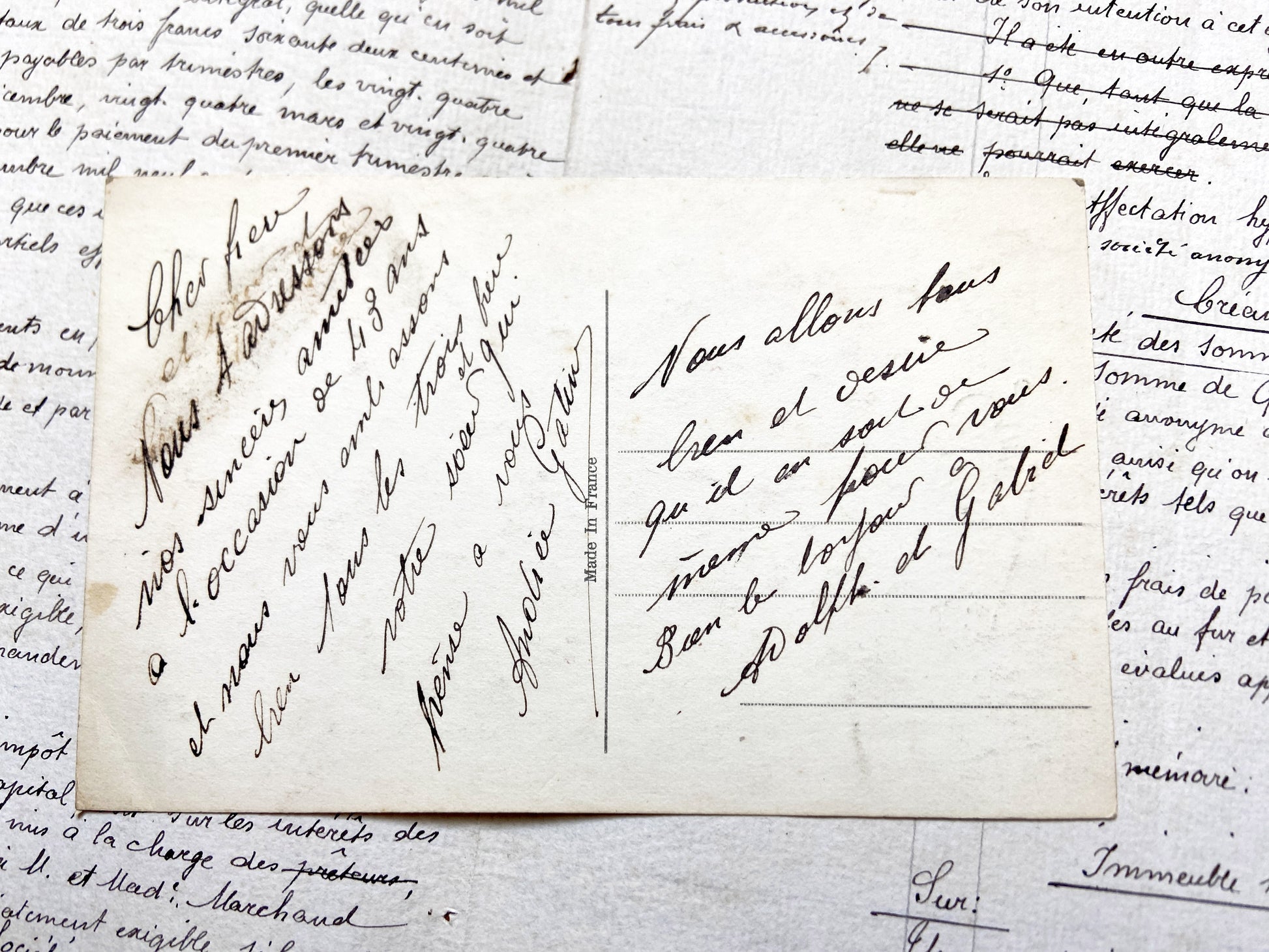 1910s - Vintage French Postcard -  Gold Heureux Anniversaire Carnations - Antique Floral Collectible Document