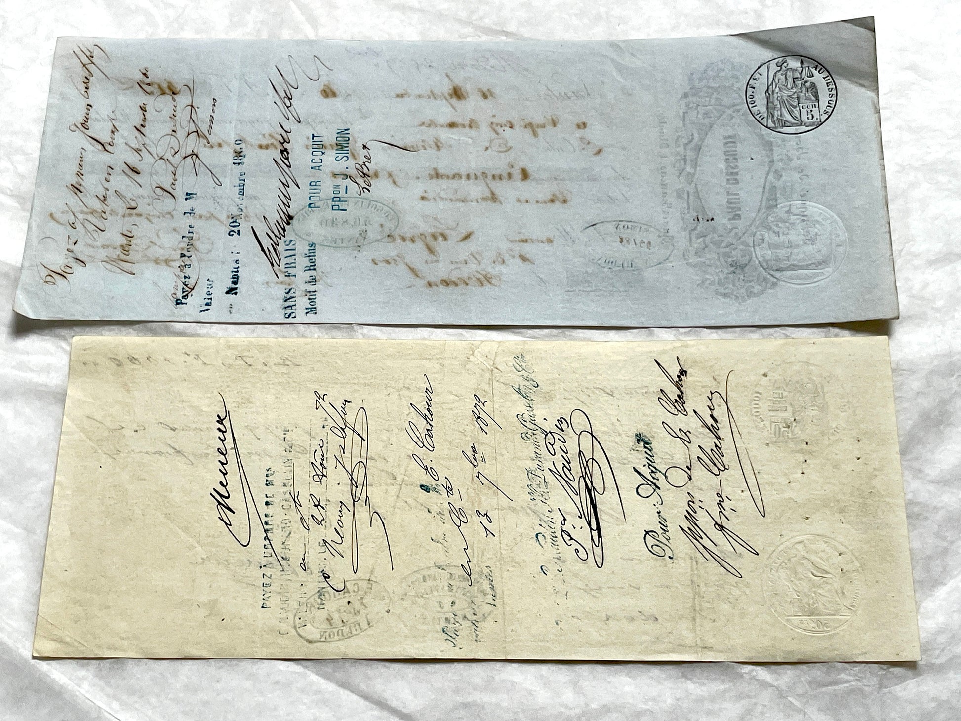 Late 19th century French exchange letters set with handwritten script and old stamps on vintage paper. Historical documents.