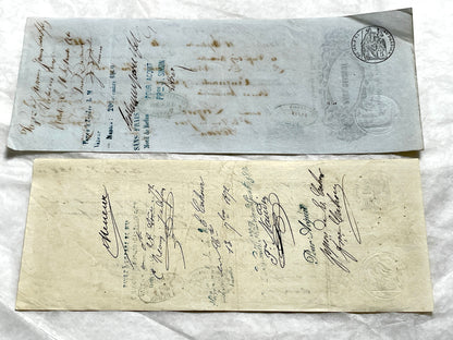 Late 19th century French exchange letters set with handwritten script and old stamps on vintage paper. Historical documents.
