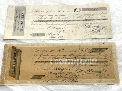 Late 19th century French exchange letters set with handwritten script and old stamps on vintage paper. Historical documents.