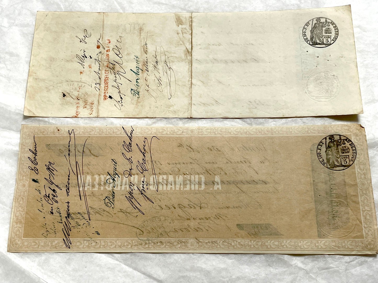 Late 19th century French exchange letters set with handwritten script and old stamps on vintage paper. Historical documents.