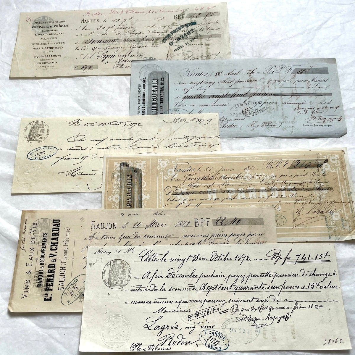Set of 6 Late 19th Century French exchange letters, antique business documents with handwritten script and stamps.