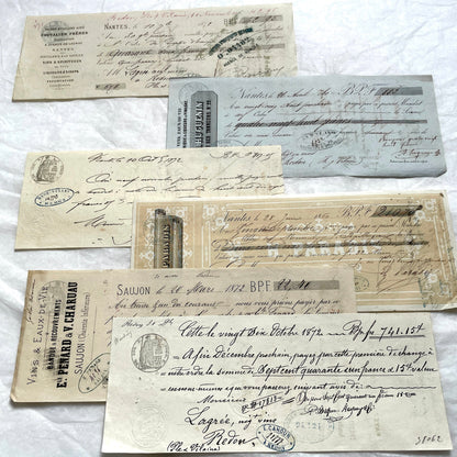 Set of 6 Late 19th Century French exchange letters, antique business documents with handwritten script and stamps.