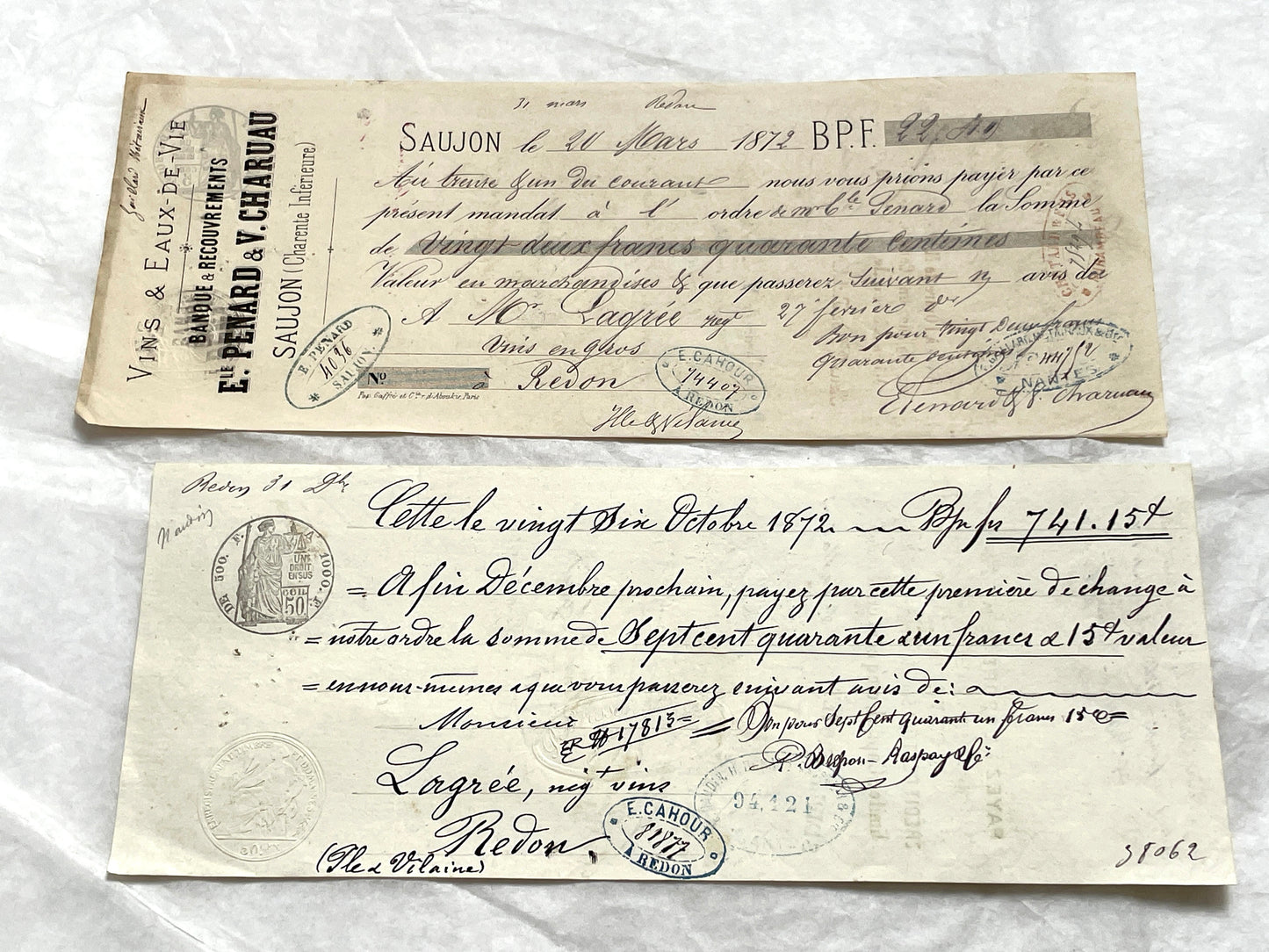 Set of 6 Late 19th Century French exchange letters, antique business documents with handwritten script and stamps.