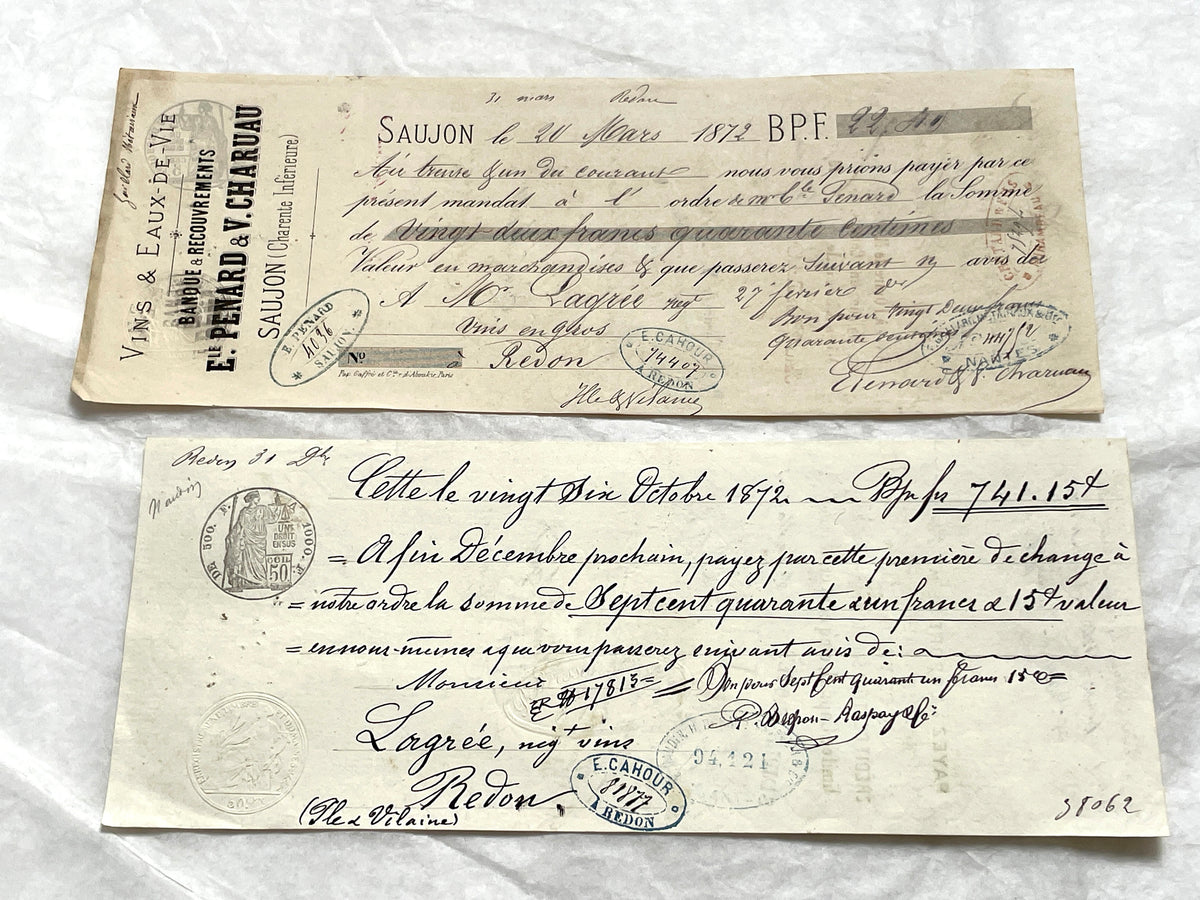 Set of 6 Late 19th Century French exchange letters, antique business documents with handwritten script and stamps.