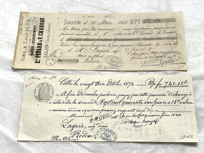 Set of 6 Late 19th Century French exchange letters, antique business documents with handwritten script and stamps.
