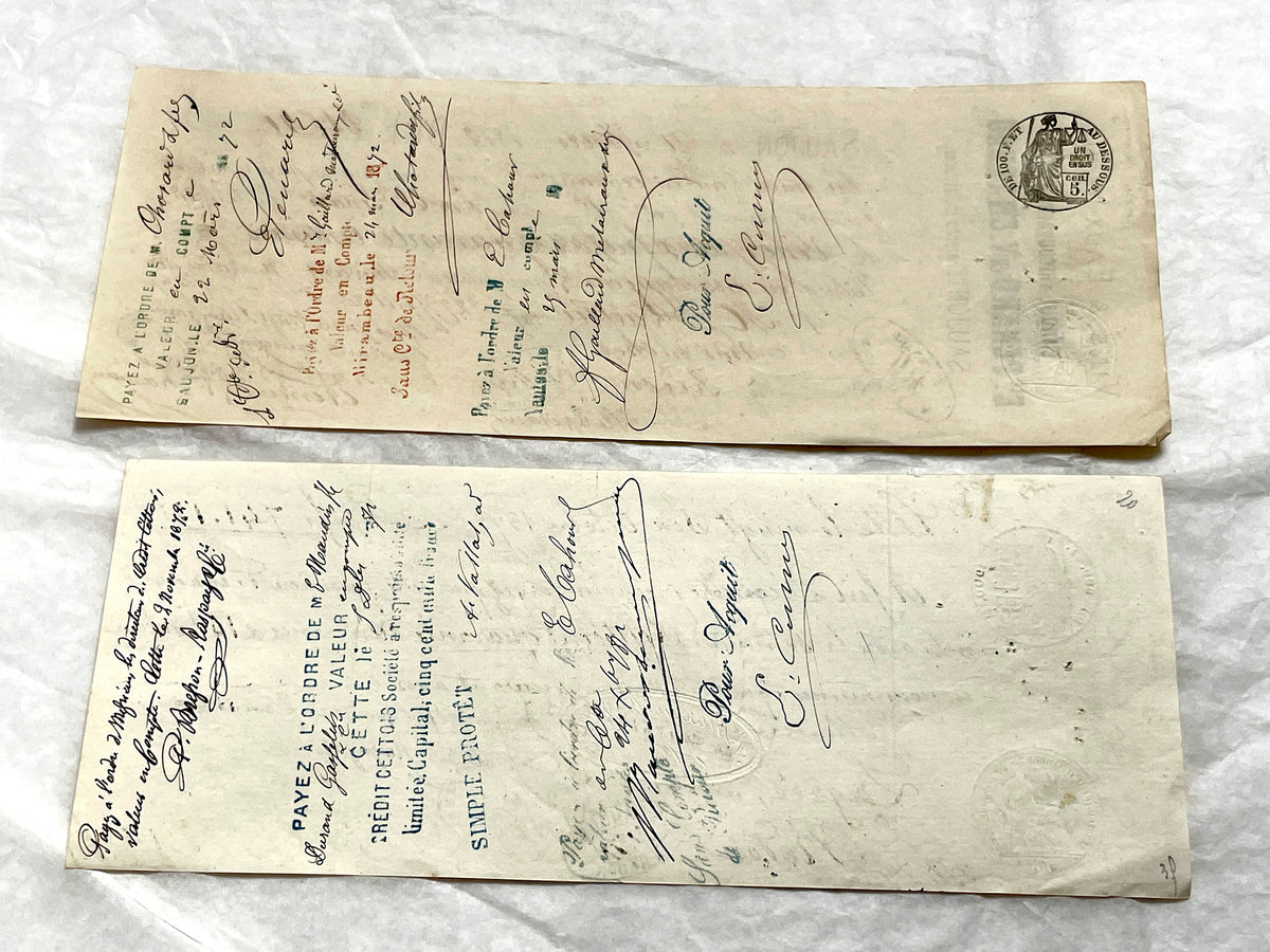 Set of 6 Late 19th Century French exchange letters, antique business documents with handwritten script and stamps.
