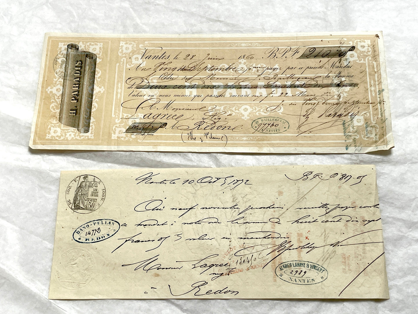 Set of 6 Late 19th Century French exchange letters, antique business documents with handwritten script and stamps.