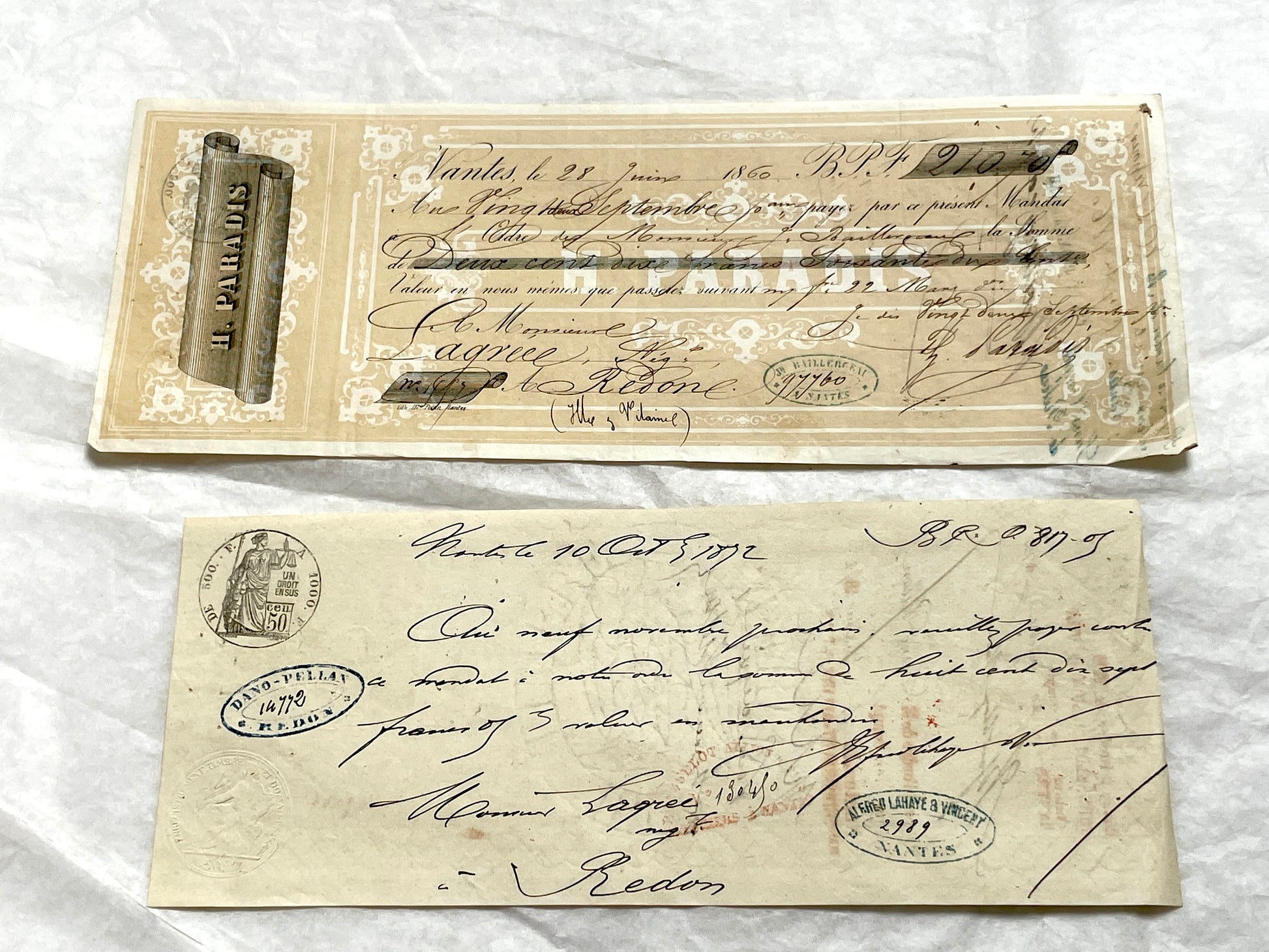 Set of 6 Late 19th Century French exchange letters, antique business documents with handwritten script and stamps.
