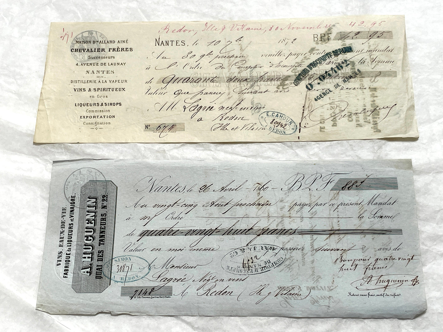 Set of 6 Late 19th Century French exchange letters, antique business documents with handwritten script and stamps.