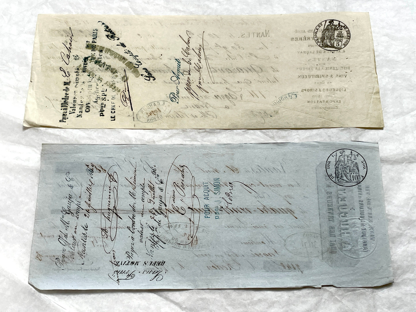 Set of 6 Late 19th Century French exchange letters, antique business documents with handwritten script and stamps.