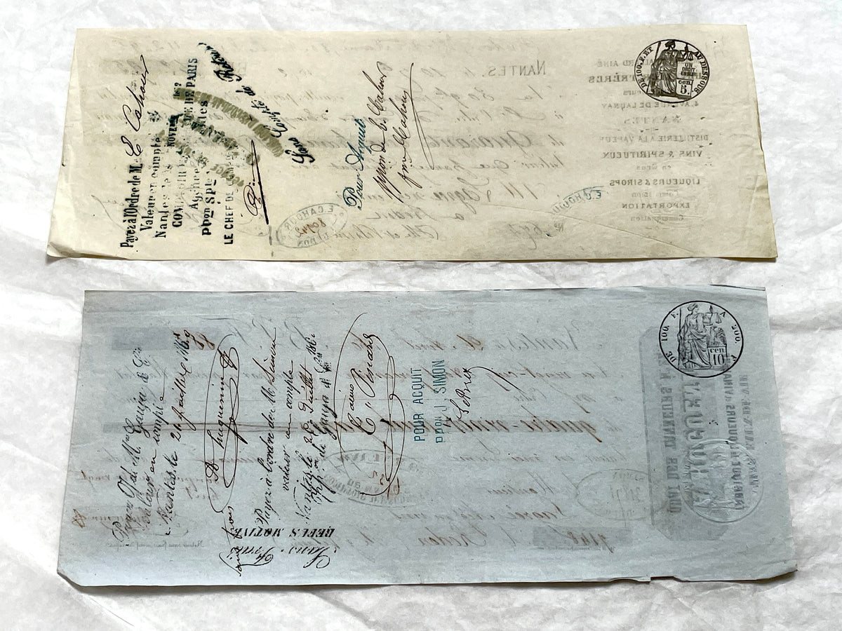 Set of 6 Late 19th Century French exchange letters, antique business documents with handwritten script and stamps.