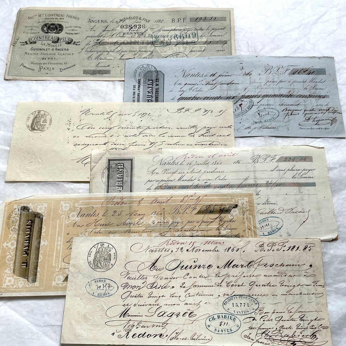 Late 19th century French exchange letters set, handwritten text and vintage stamps from historical financial documents.