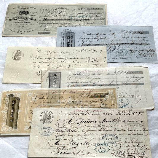 Late 19th century French exchange letters set, handwritten text and vintage stamps from historical financial documents.