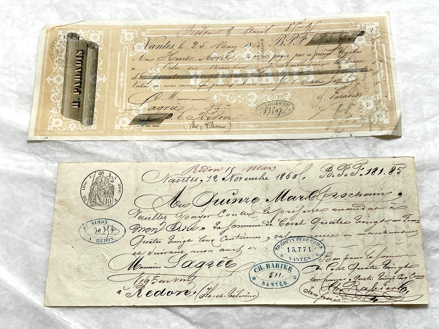 Late 19th century French exchange letters set, handwritten text and vintage stamps from historical financial documents.