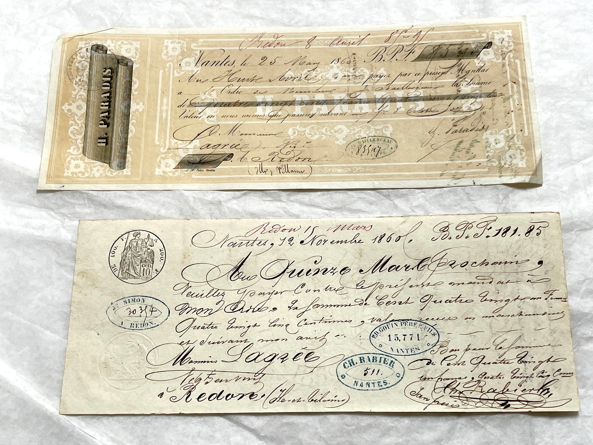 Late 19th century French exchange letters set, handwritten text and vintage stamps from historical financial documents.