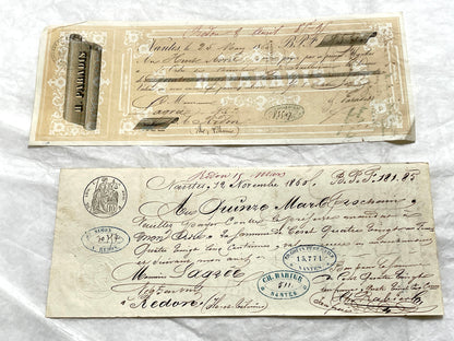Late 19th century French exchange letters set, handwritten text and vintage stamps from historical financial documents.