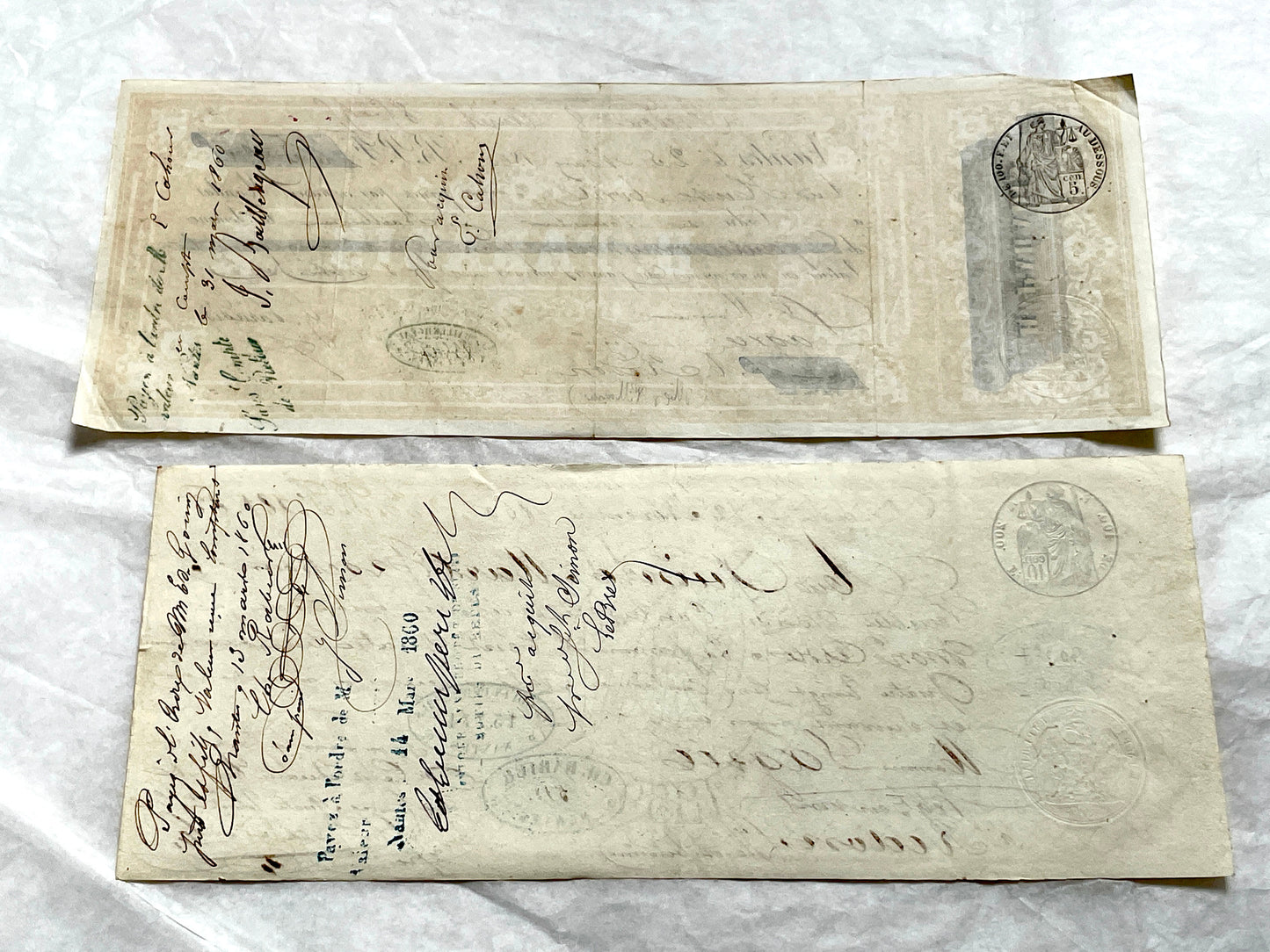 Late 19th century French exchange letters set, handwritten text and vintage stamps from historical financial documents.
