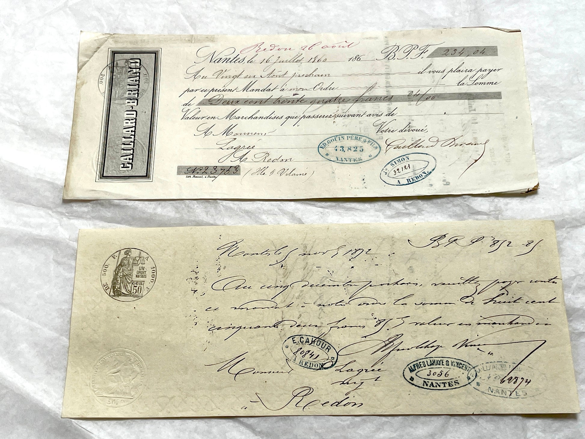 Late 19th century French exchange letters set, handwritten text and vintage stamps from historical financial documents.