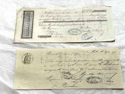 Late 19th century French exchange letters set, handwritten text and vintage stamps from historical financial documents.