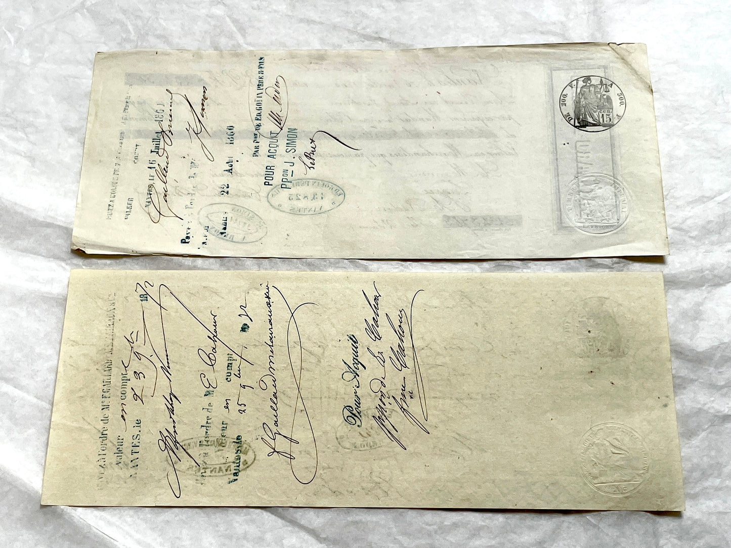 Late 19th century French exchange letters set, handwritten text and vintage stamps from historical financial documents.