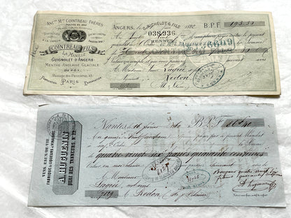 Late 19th century French exchange letters set, handwritten text and vintage stamps from historical financial documents.