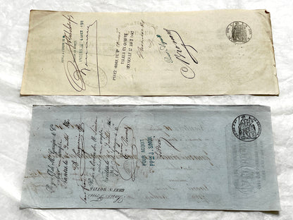 Late 19th century French exchange letters set, handwritten text and vintage stamps from historical financial documents.