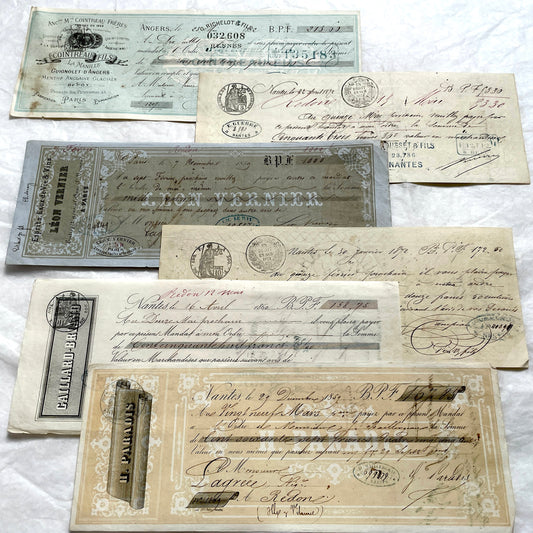 Late 19th Century French exchange letters set – vintage financial documents with handwritten script and old stamps.
