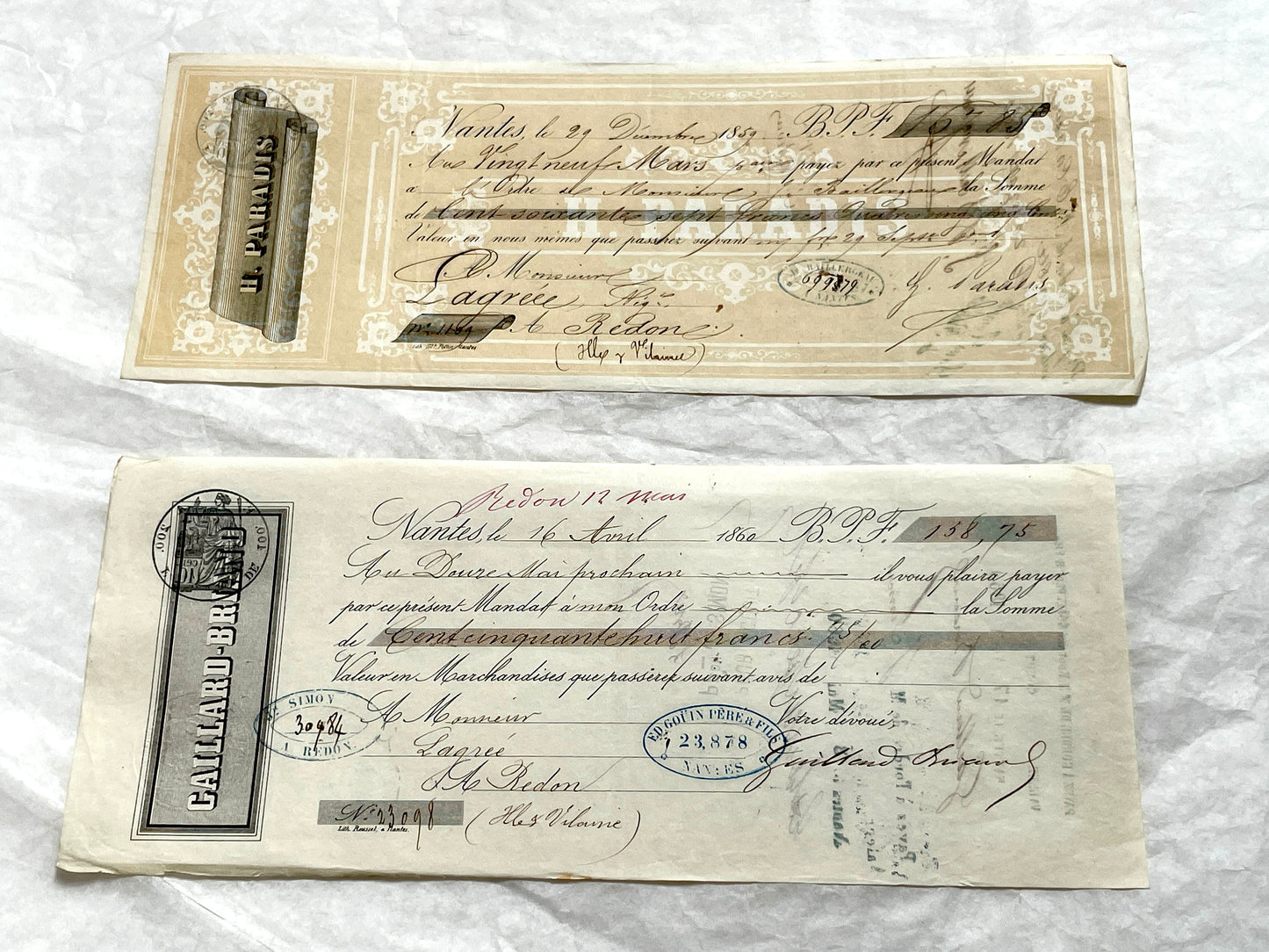 Late 19th Century French exchange letters set – vintage financial documents with handwritten script and old stamps.