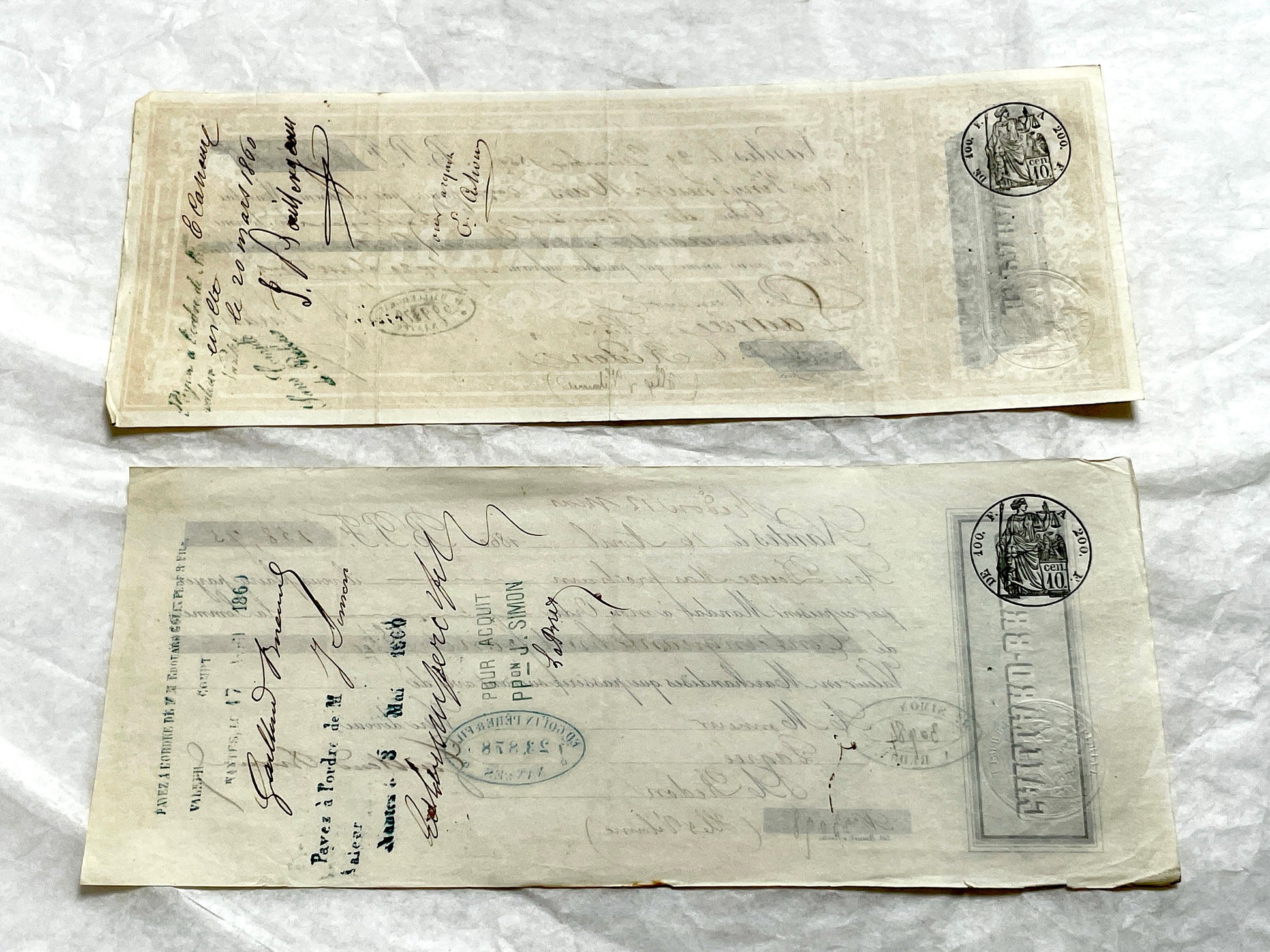 Late 19th Century French exchange letters set – vintage financial documents with handwritten script and old stamps.