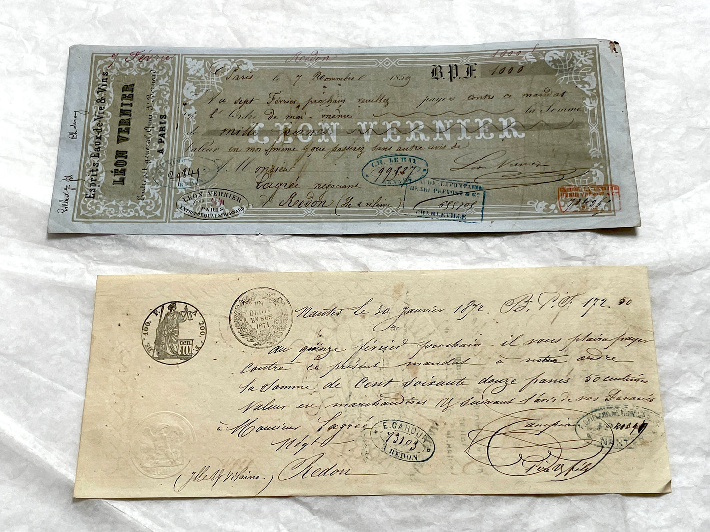 Late 19th Century French exchange letters set – vintage financial documents with handwritten script and old stamps.