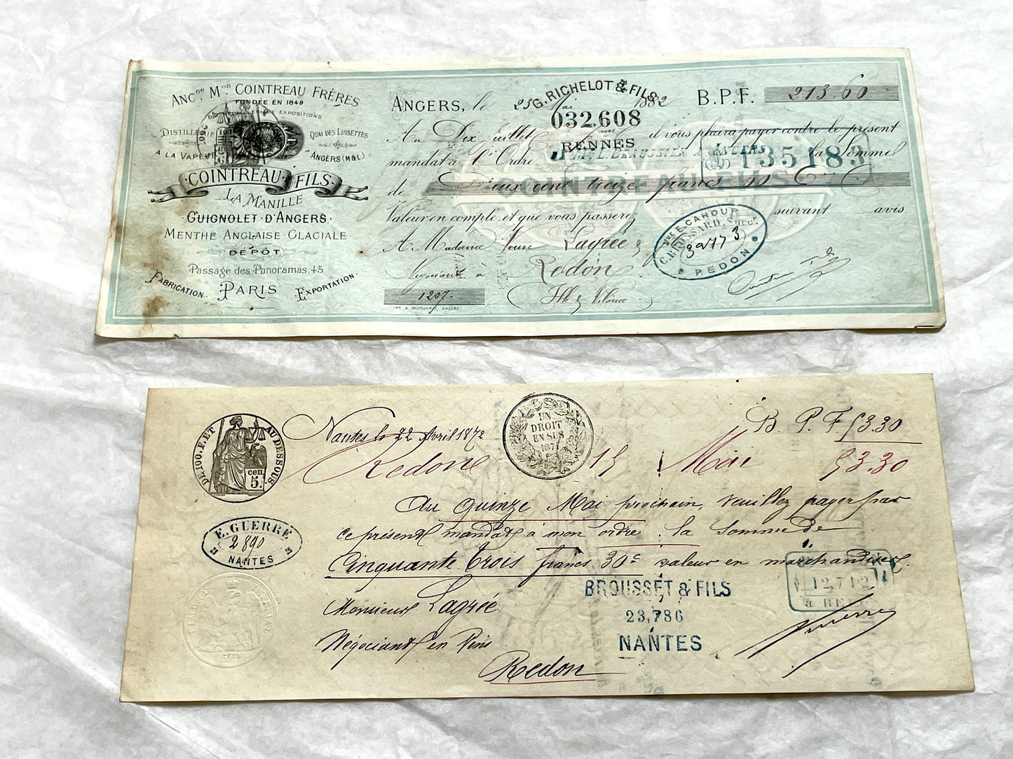 Late 19th Century French exchange letters set – vintage financial documents with handwritten script and old stamps.