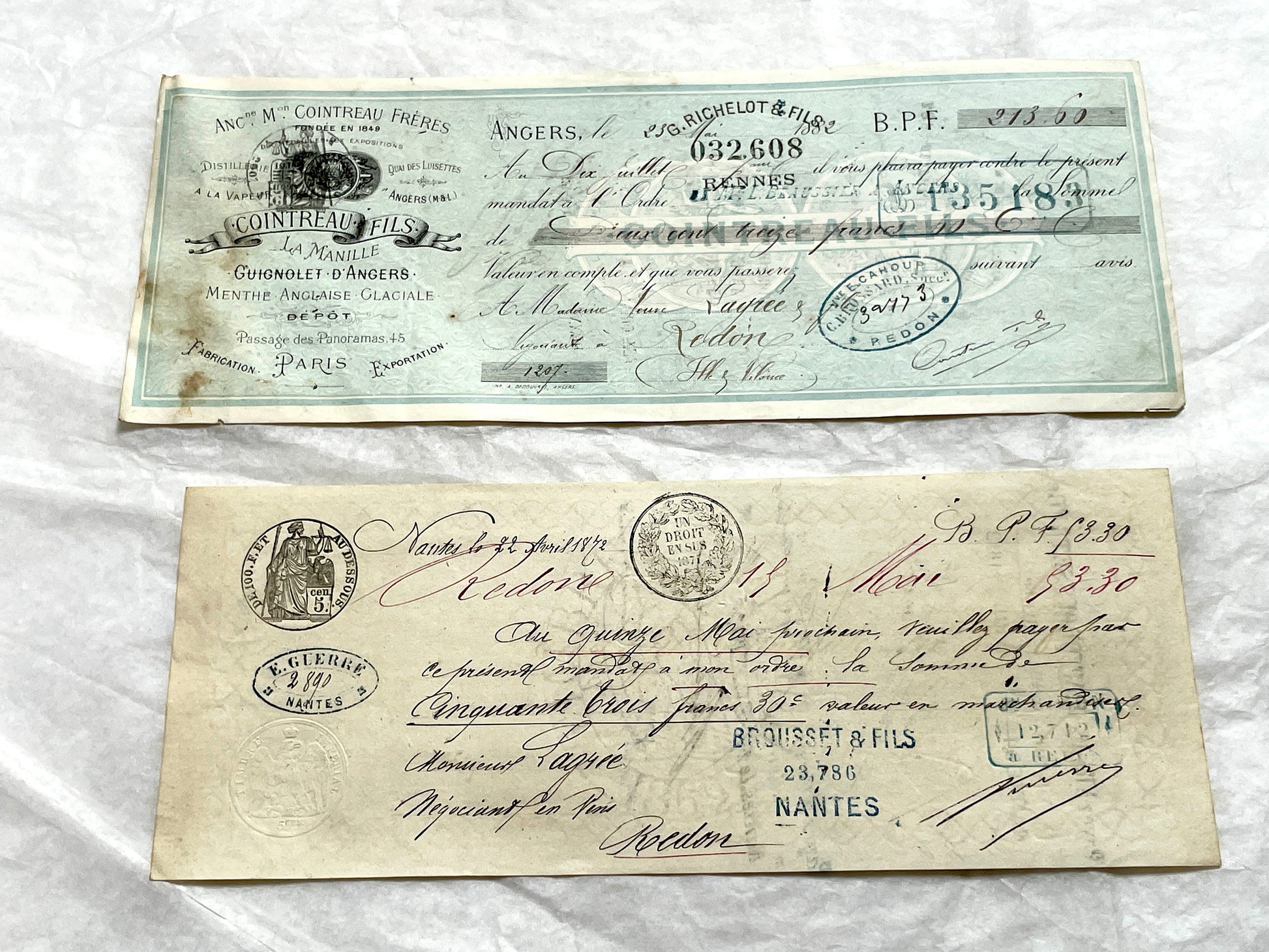 Late 19th Century French exchange letters set – vintage financial documents with handwritten script and old stamps.