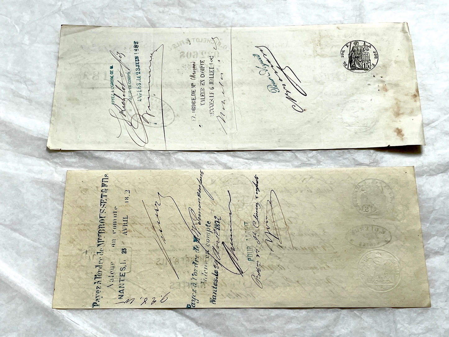 Late 19th Century French exchange letters set – vintage financial documents with handwritten script and old stamps.