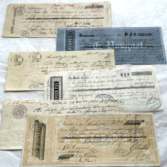 Set of 6 French Late 19th Century exchange letters with handwritten text, stamps, and financial notations.