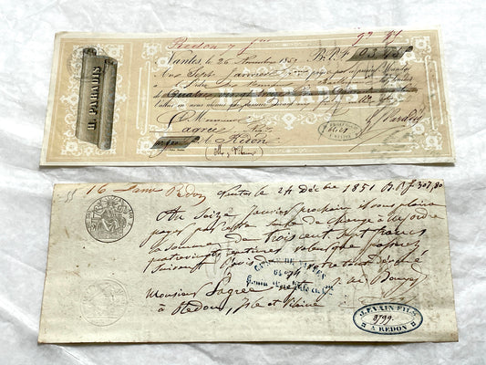Set of 6 French Late 19th Century exchange letters with handwritten text, stamps, and financial notations.