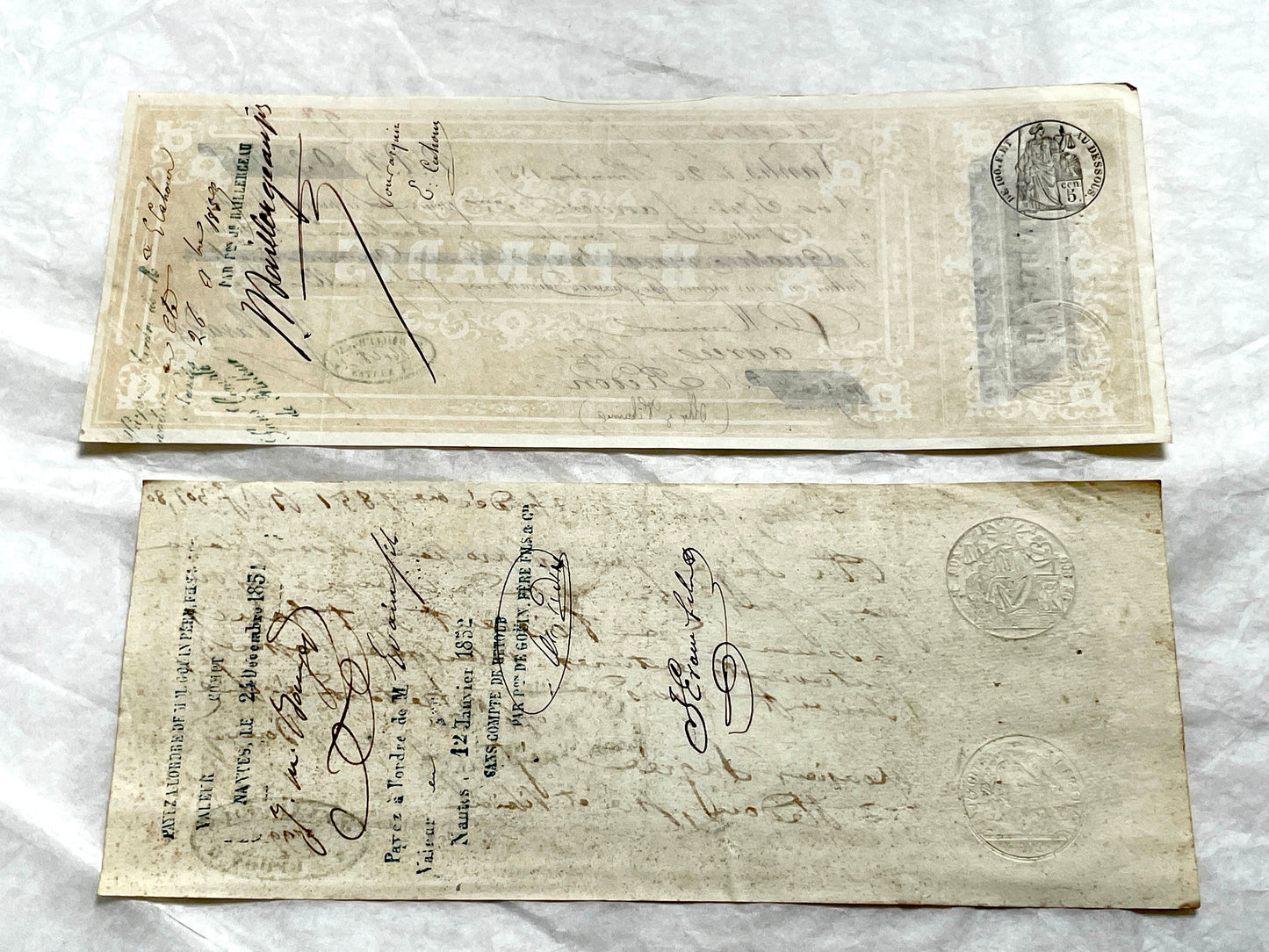 Set of 6 French Late 19th Century exchange letters with handwritten text, stamps, and financial notations.