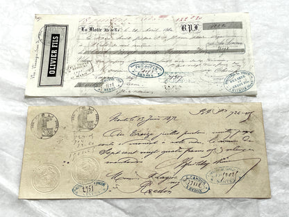 Set of 6 French Late 19th Century exchange letters with handwritten text, stamps, and financial notations.