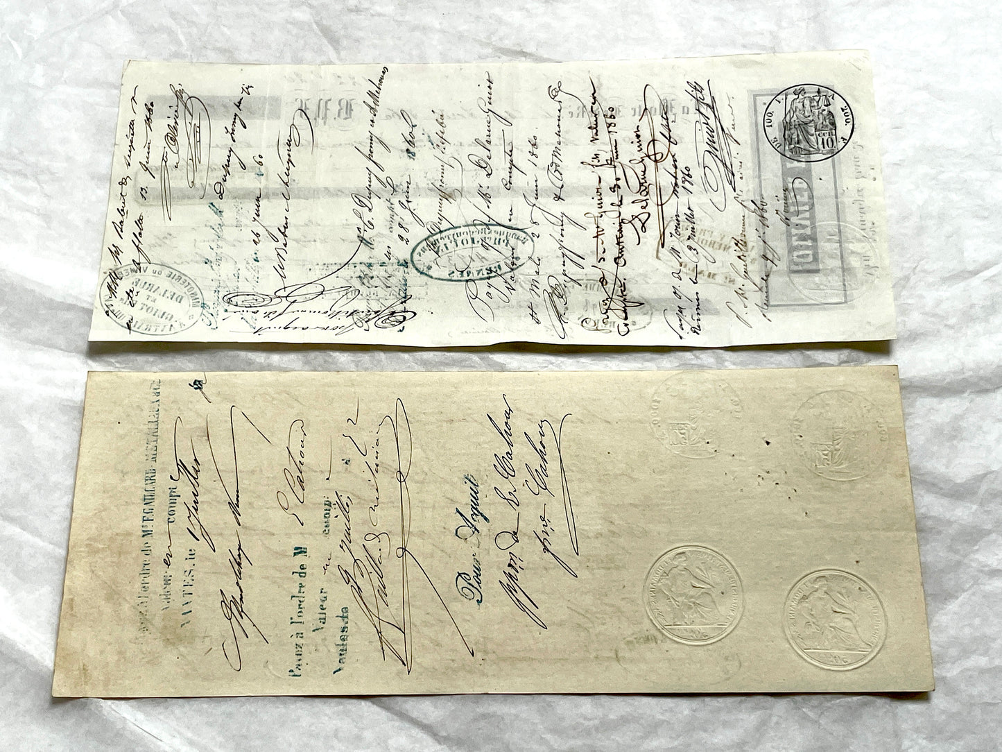 Set of 6 French Late 19th Century exchange letters with handwritten text, stamps, and financial notations.